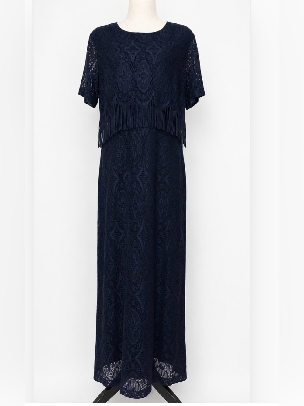 Vintage 90s Navy/Indigo Crochet Overlay Fringe Maxi Dress Classic Chic Elegant